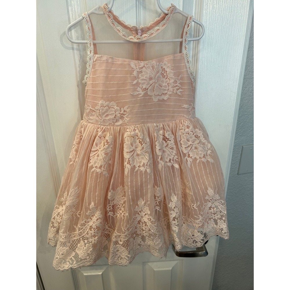Doe a Dear Lace‎ Party Dress Peach Pink Floral Mesh Special Occasion Kids Size 5